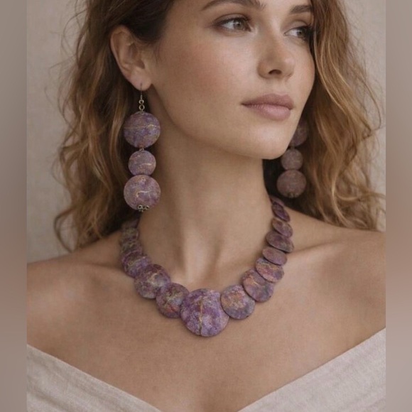 Statement Purple Disc Bead Necklace and Earrings Set Artisan Boho Jewelry